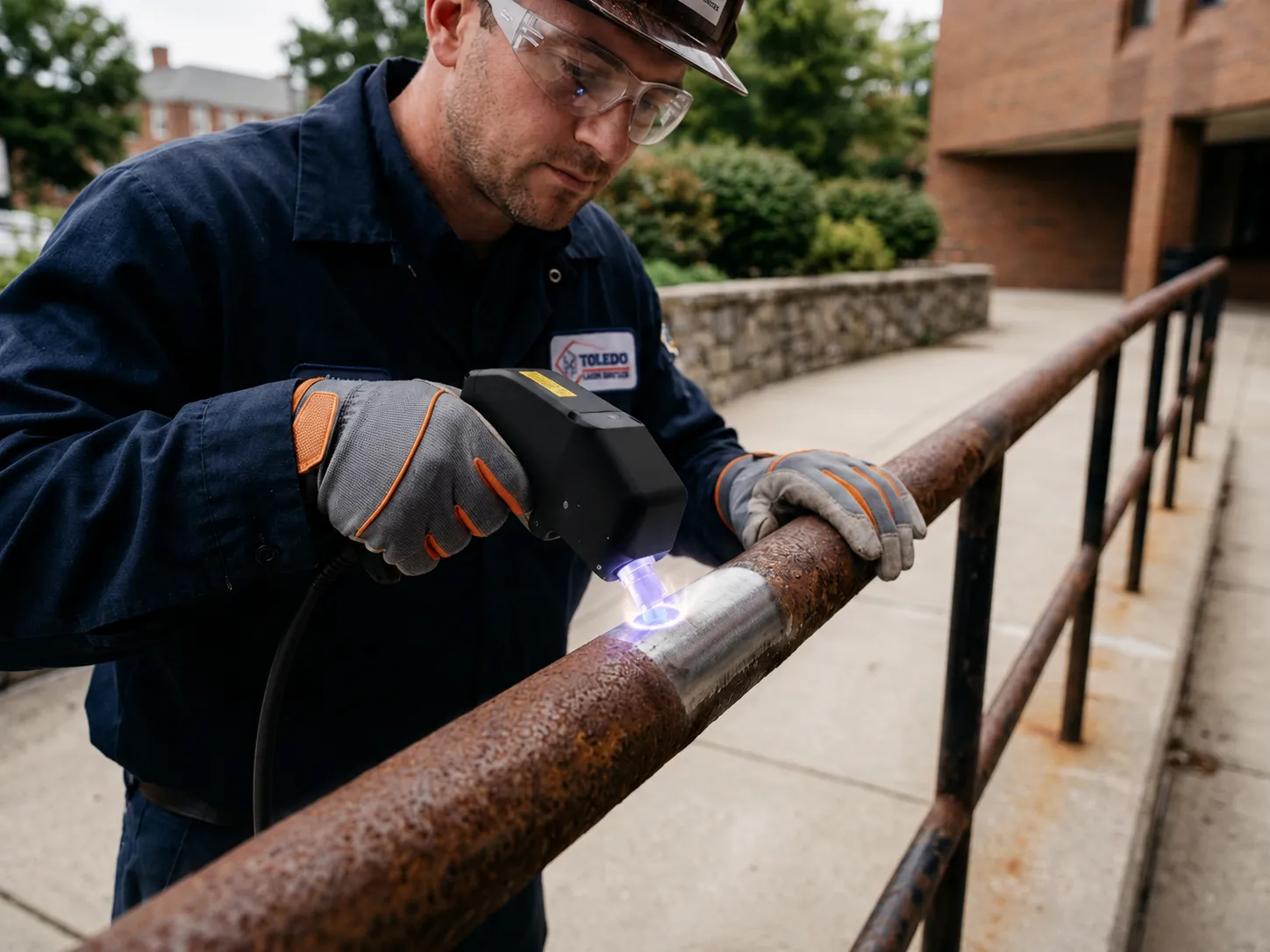 Portable laser cleaning of a metal railing surface during a maintenance round